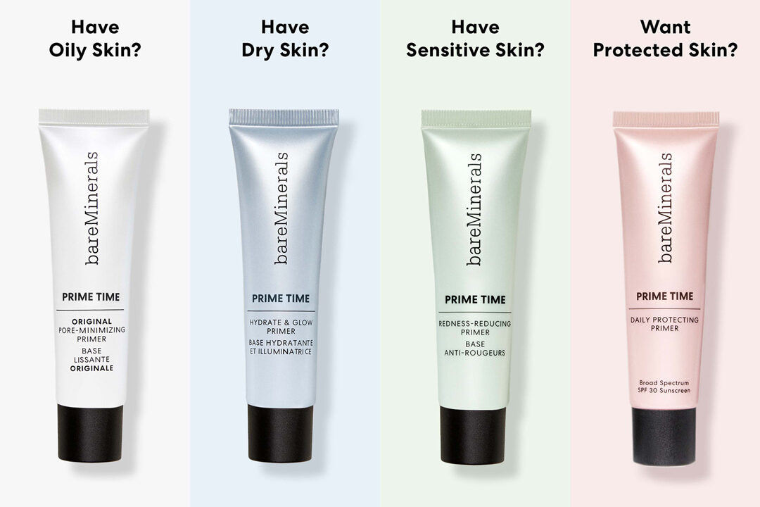 Primer for makeup for oily skin, dry skin, sensitive skin and protected skin from bareMinerals Prime Time skincare and makeup , basemakeup